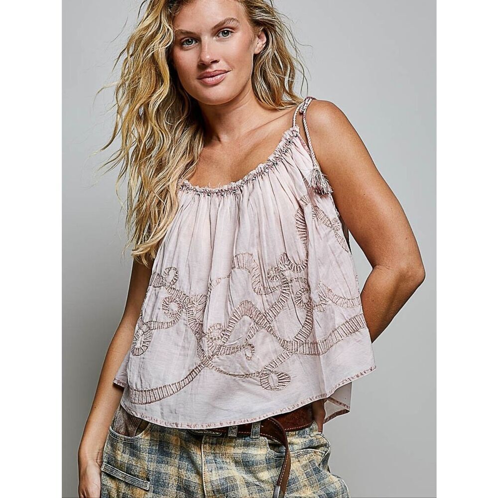 POL Tassel Shoulder Tie Light Pink Embroidered Spaghetti Strap Women's Top sz Sm